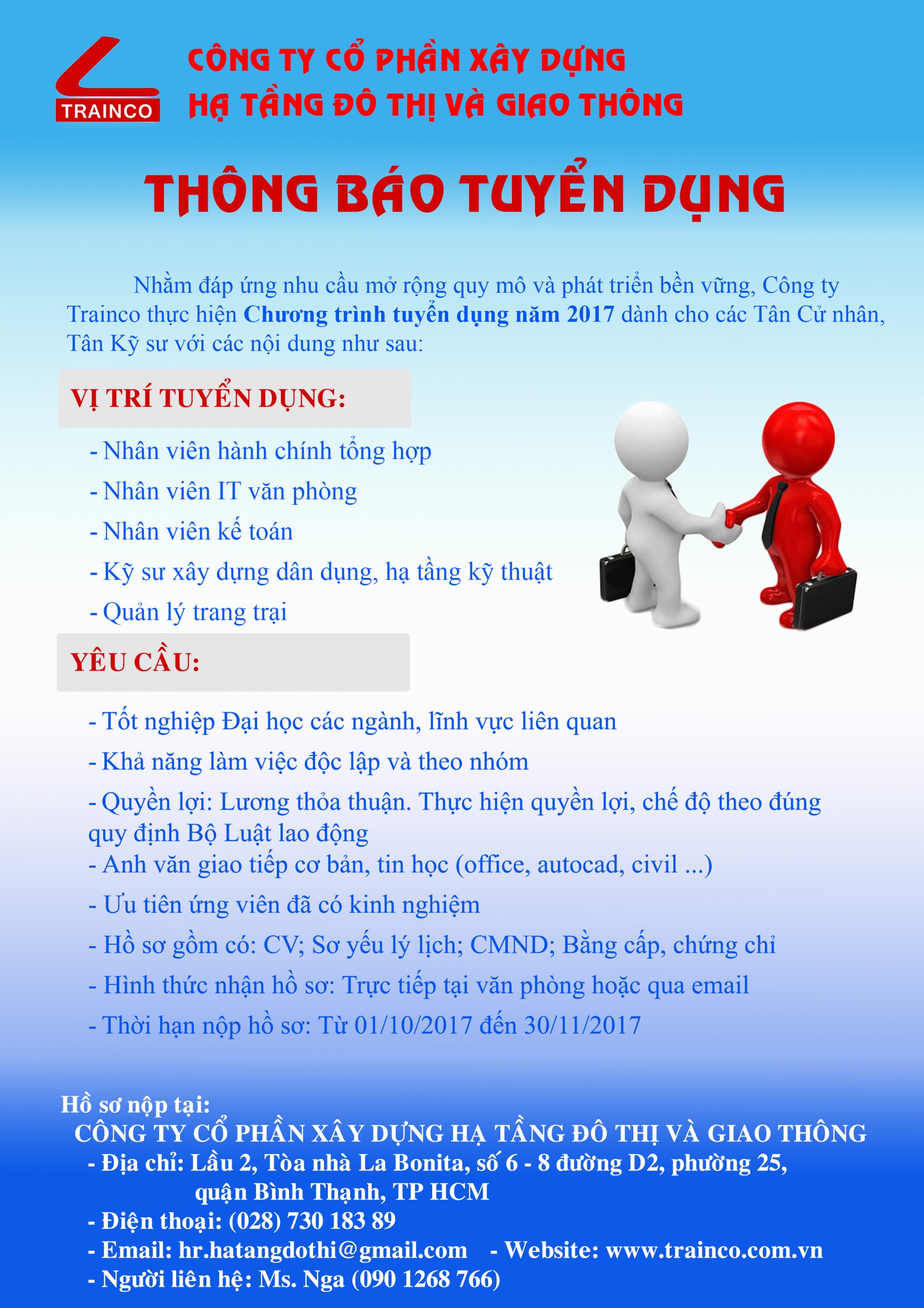 Thông báo tuyển dụng của Công ty cổ phần xây dựng hạ tầng đô thị và giao thông