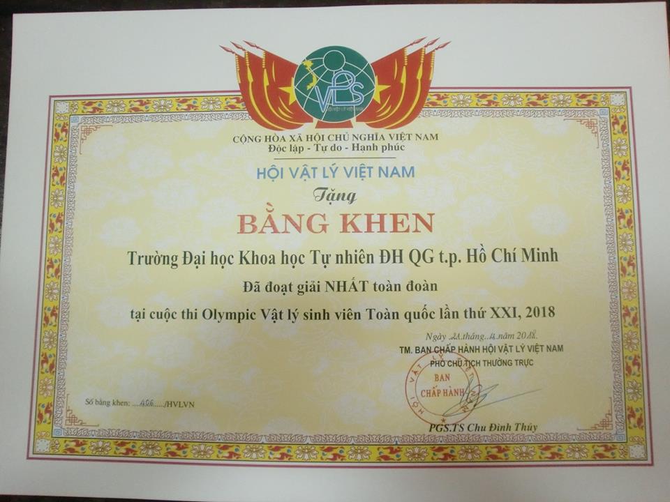 Trường ĐH KHTN, ĐHQG-HCM giành giải Nhất toàn đoàn kỳ thi Olympic Vật lý lần thứ XXI-2018