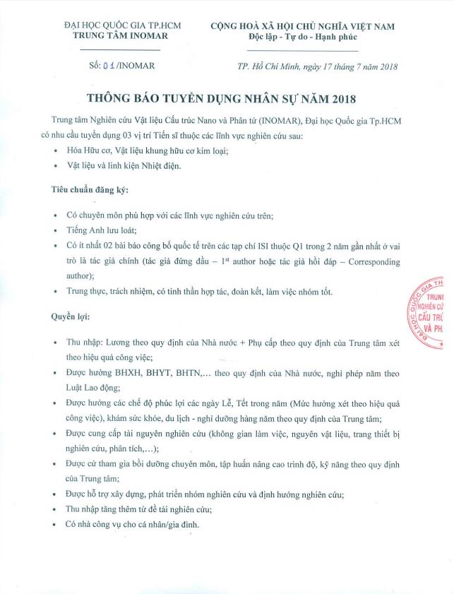 Thông Báo Tuyển Dụng Nhân Sự Năm 2018 của Trung tâm Nghiên cứu Vật liệu Cấu trúc Nano và Phân tử (INOMAR)