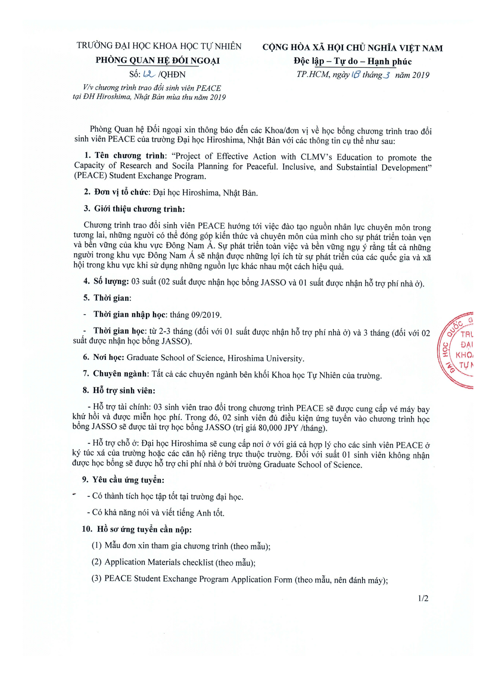 [THÔNG BÁO] Chương trình PEACE ĐH Hiroshima, Nhật Bản tháng 09 năm 2019