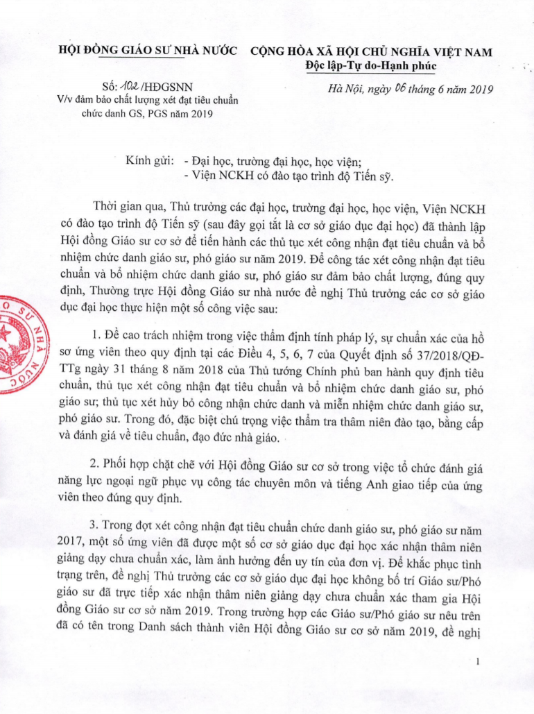 Công văn số: 102/HĐGSNN V/v đảm bảo chất lượng xét đạt tiêu chuẩn chức danh GS, PGS năm 2019